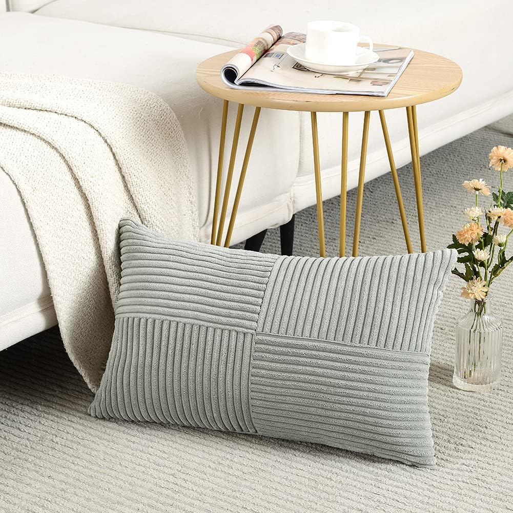 Fancy Homi 2 Packs Grey Long Lumbar Decorative Throw Pillow Covers 16x24 Inch for Couch Bed Sofa, Rustic Farmhouse Boho Home Decor, Soft Striped Corduroy Rectangle Accent Cushion Case 40x60 cm