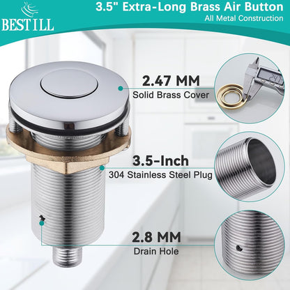 BESTILL Garbage Disposal Air Switch Kit - UL Listed, Brass 3.6" Long Push Button for Waste Disposer, Cordless Sink Top Switch Button, Polished Chrome, Compatible with all Garbage Disposals
