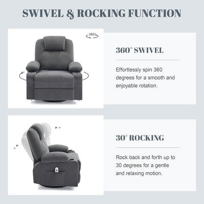 Oversized Swivel Rocker Recliner Chair with Heat and Massage, 360 Degree Swivel Rocking Single Sofa with Cup Holders and USB Port, Big Large Recliner Chair for Living Room (Fabric, Darkgrey)