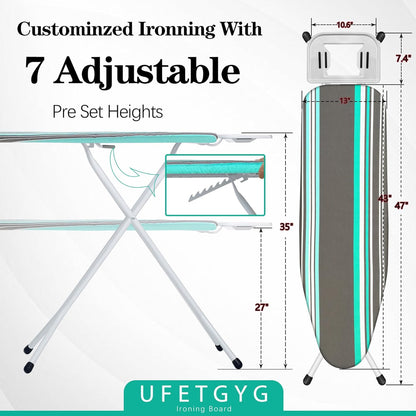 Ironing Board,Full Metal Construction| Height Adjustable, 43" X 13" W/with Iron Rest Heat & Scorch Resistant Fabric, Anti-Skid Feet, Heavy Duty| Easy to Fold