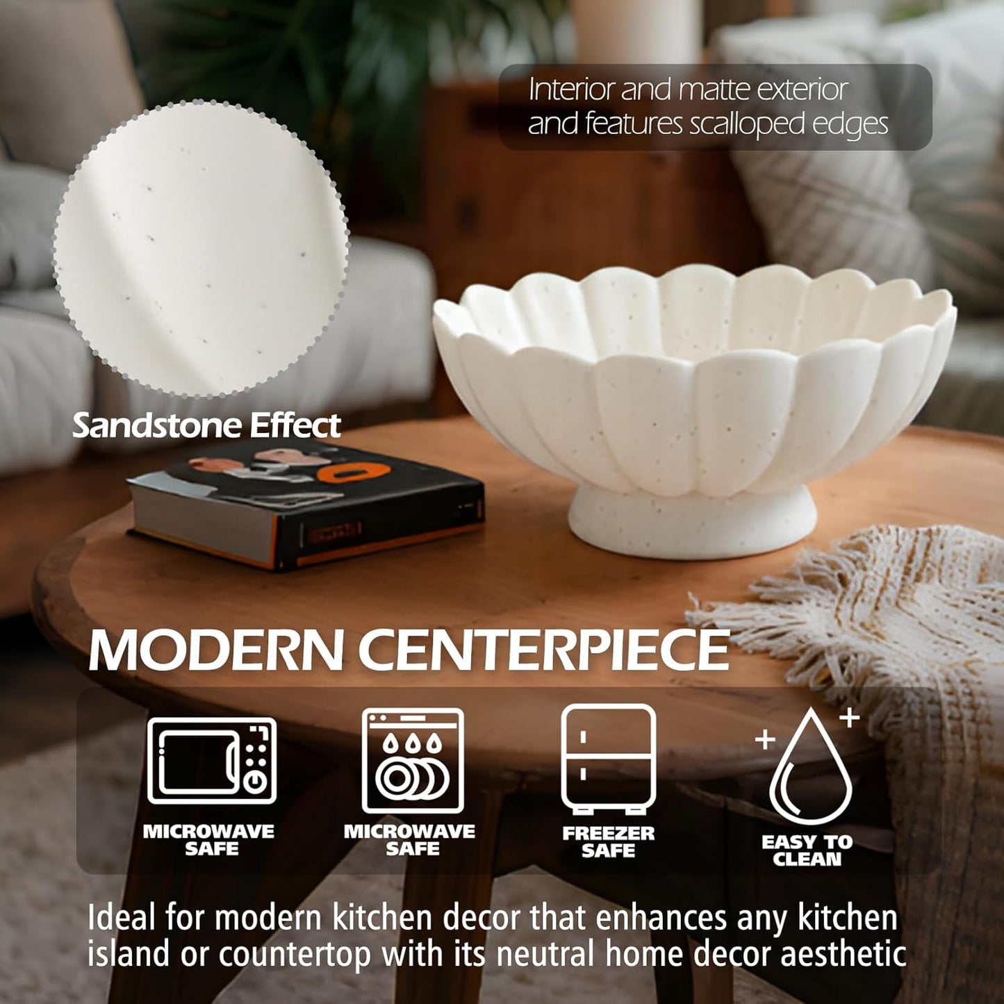 Large Fruit Bowl for Kitchen Counter-10.6" White Ceramic Fluted Scalloped Decorative Footed Bowl -Elegant Pedestal Display Bowls for Entryway Table, Perfect for Housewarming &Wedding Gift