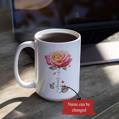 Novelty Rose Accent Cup For Girl, Personalized Rose Flower Coffee Mug 11oz 15oz, Customized Rose Lover Ceramic Cup With Name, Custom Flower Design Mug, Gift For Anniversary