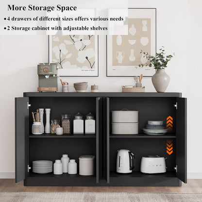 Fluted Buffet Cabinet with Storage, 60" Sideboard Buffet Storage Cabinet with 4 Doors & Adjustable Shelves, Wood Coffee Bar Credenza Accent Cabinet for Kitchen, Dining Room, Living Room, Black(1PCS)