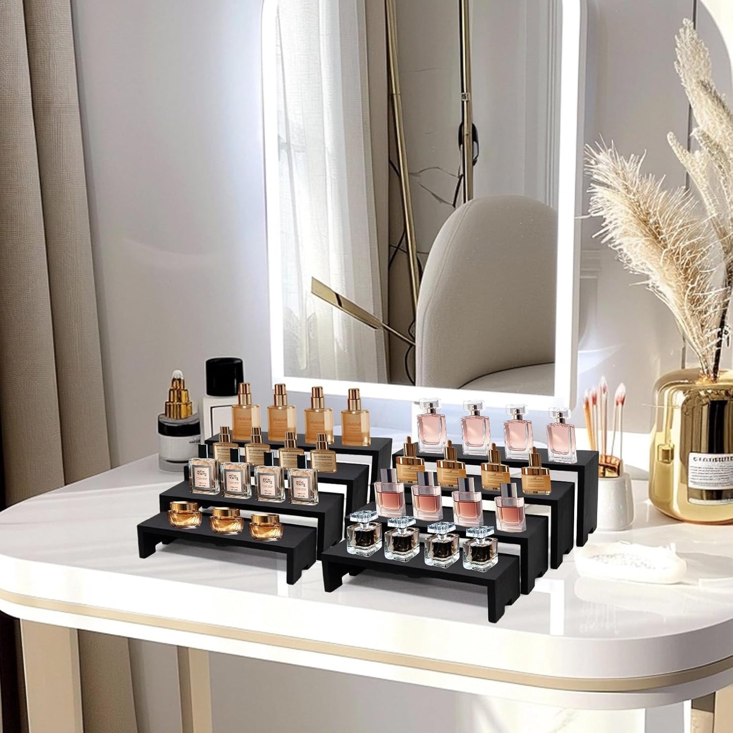 Large Display Wood Risers Wooden Stand 8 Tier Wood Racks Decorative Rectangular, 2 Set 8 Piece Cupcake Stands Cologne Perfume Organizer Dessert Showcase Items(black)