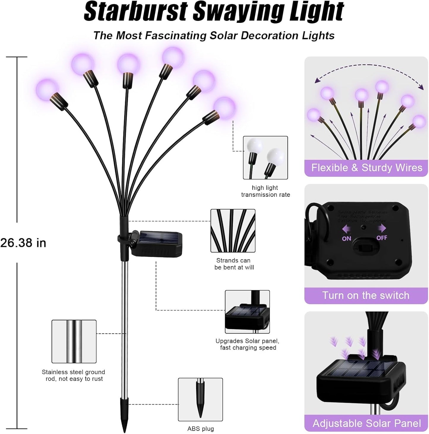 Solar Garden Lights Outdoor, Waterproof Solar Powered Lights for Yard Pathway Patio, Swaying Lawn Decor as Gardening Gifts for Women Holiday (Purple, 4 Pack)