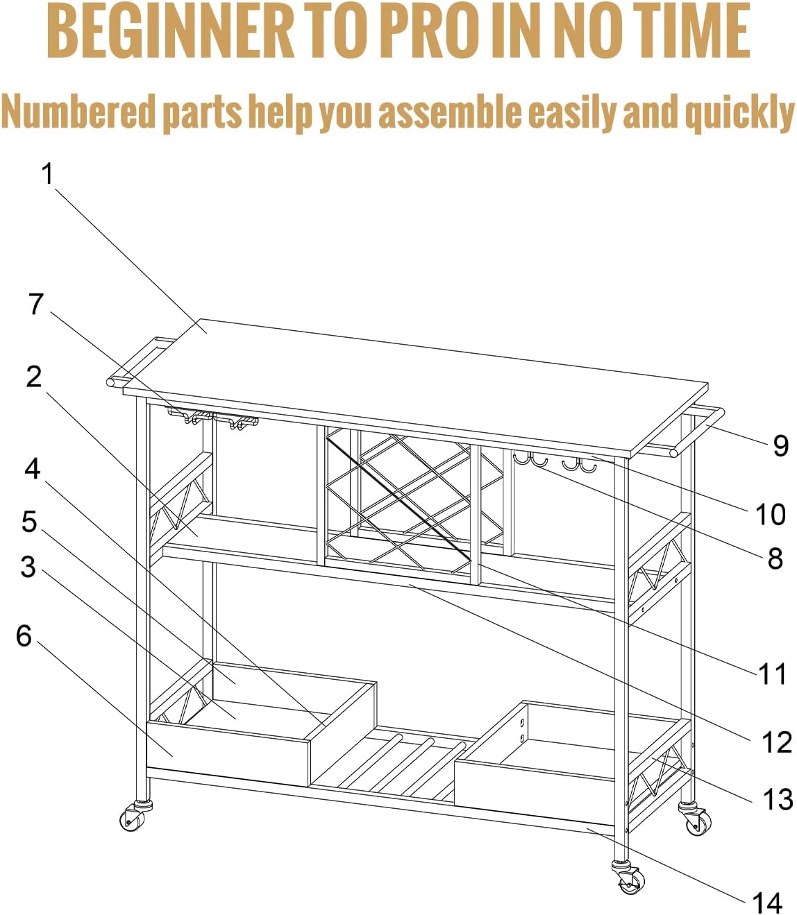 VEVOR Bar Cart, Home Serving Cart, 3 Tiers 300 LBS Industrial Rolling Beverage Station on Lockable Wheels, Mobile Alcohol Drink Cart with Removable Tray Wine Rack Glass Holder for Kitchen Dining Room