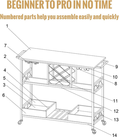VEVOR Bar Cart, Home Serving Cart, 3 Tiers 300 LBS Industrial Rolling Beverage Station on Lockable Wheels, Mobile Alcohol Drink Cart with Removable Tray Wine Rack Glass Holder for Kitchen Dining Room