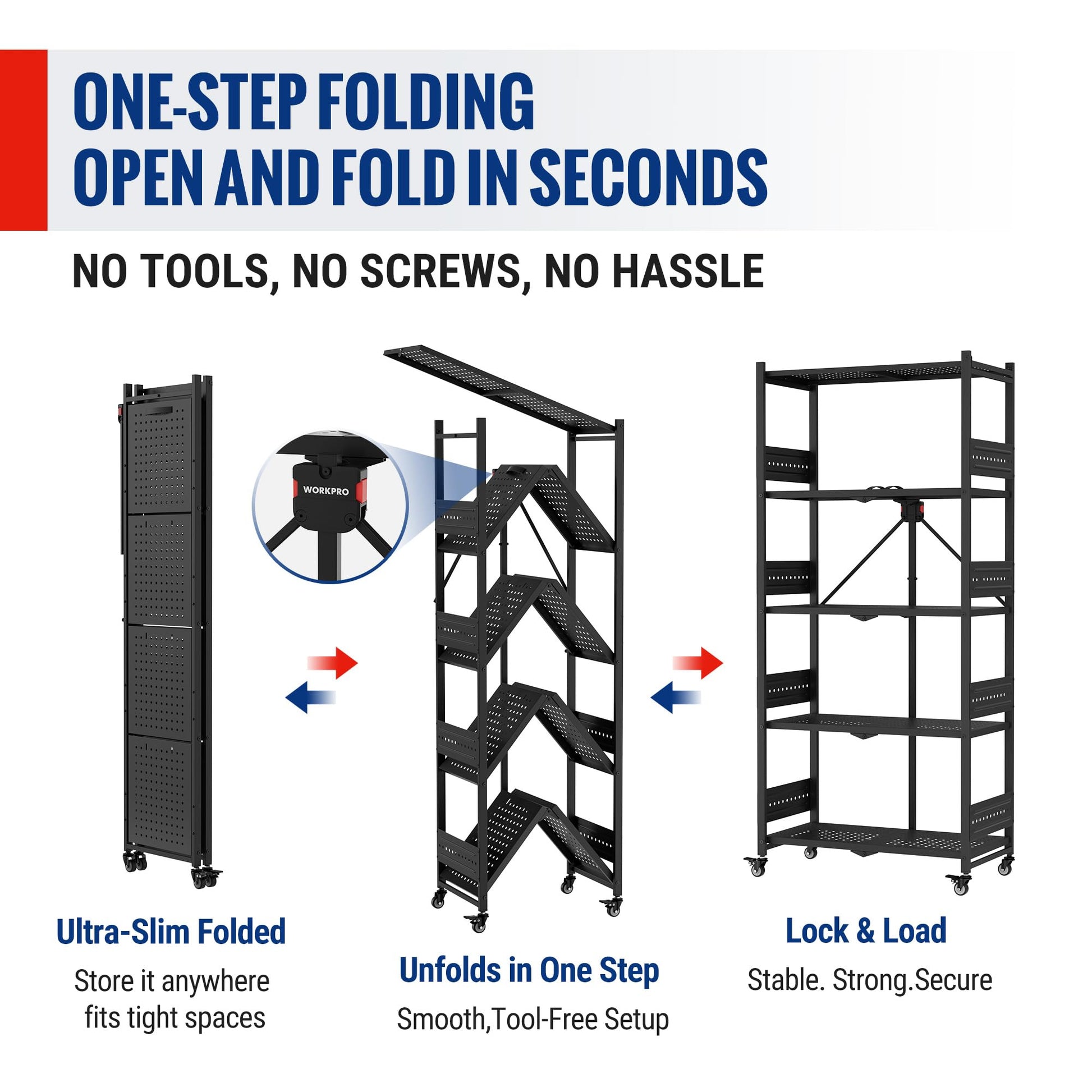 WORKPRO 5-Tier Folding Shelf, No-Assembly Metal Storage Rack with Wheels, 750 lbs Capacity (with