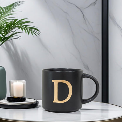 COLLECTIVE HOME - Monogram Ceramic Mugs, 15 oz Golden Initial Black Coffee Cups, Elegant Alphabet Tea Mugs, Elegant Personalized Mug with Gift Box, Unique Mug with Double Side Capital Lette (D)