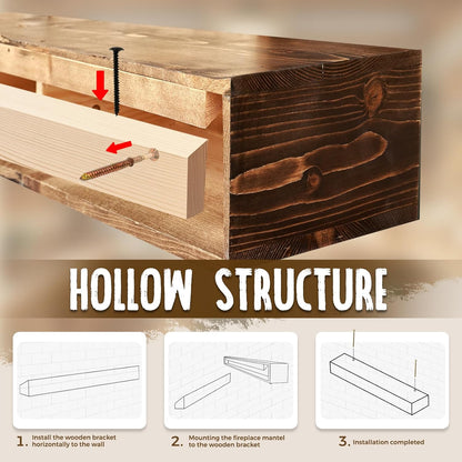 48x8x5 Fireplace Mantel - Handcrafted Hollow Rustic Solid Wood Wall Mounted Floating Shelf with Invisible Heavy Duty Wood Bracket (Weathered Brown)