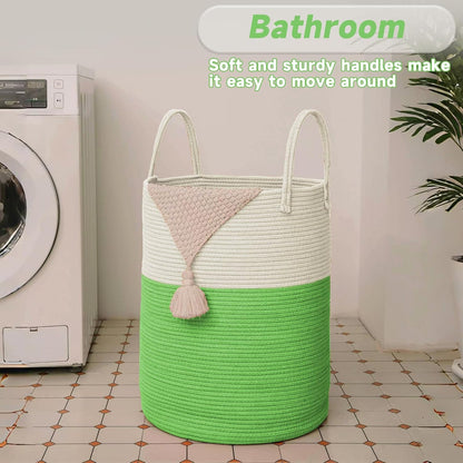 Large Woven Laundry Basket Hamper,60L Cotton Rope Storage Bin for Blankets,Toys and Clothes,Decorative Tall Nursery Hamper for Living Room,Baby Nursery,Bathroom and Bedroom,Light Green