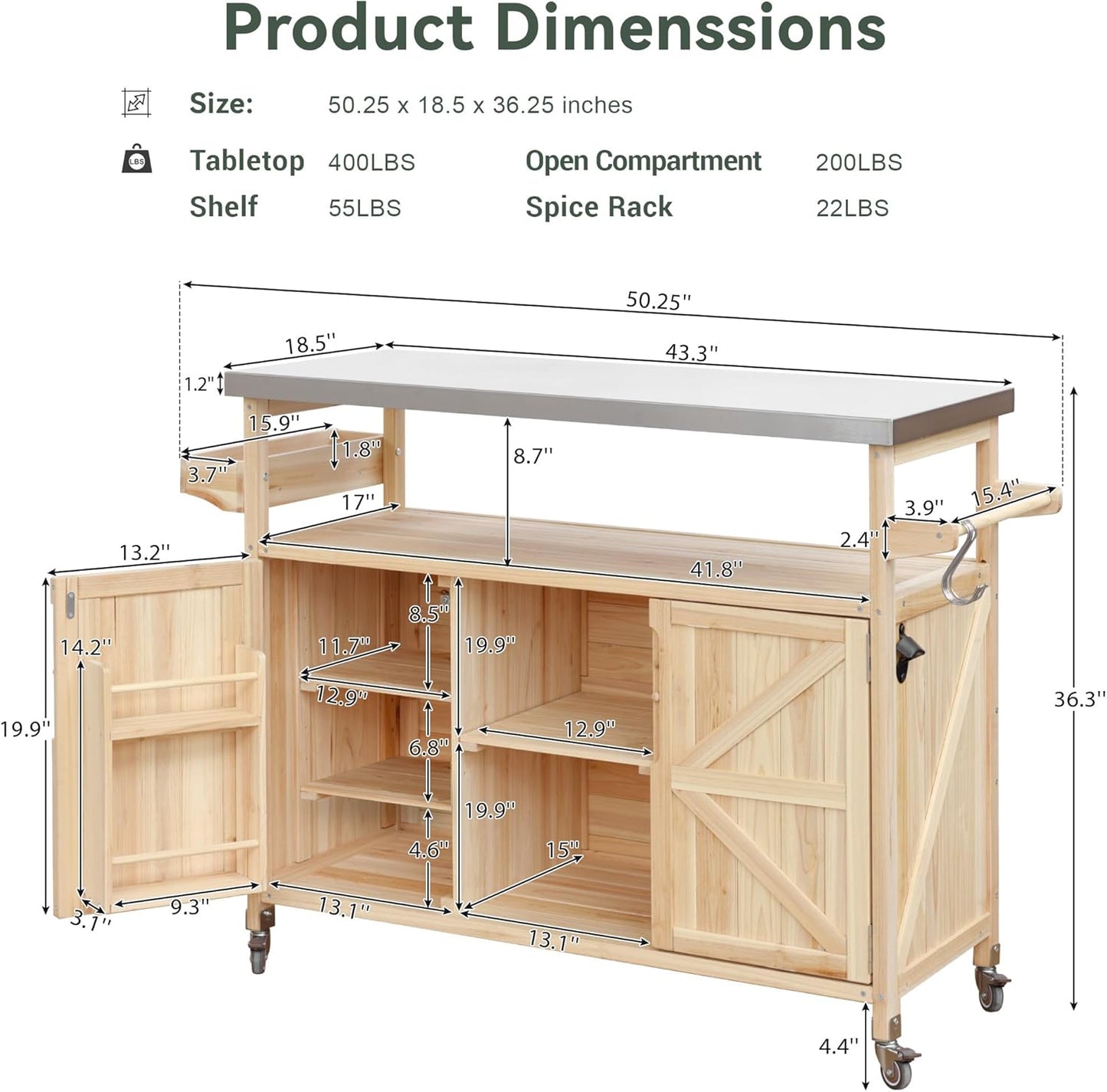 Outdoor Grill Table with Stainless Steel Top, Farmhouse Solid Wood Kitchen Island Cart with Internal Storage Rack, Outdoor Bar Cart with Storage Cabinet, Spice & Towel Rack, Natural