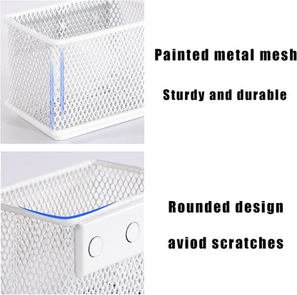 White Magnetic Basket, Magnetic Pencil Holder for whiteboard, Wire Mesh Magnetic Refrigerate Organizer, Magnetic shelf Desktop Storage, 3.42'' x 2.36'' x 2.55'',Set of 4