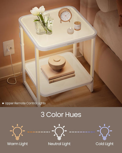 VASAGLE End Table, 2-Tier Side Table with LED Lights, Modern Nightstand, Square Bedside Table, Frosted Glass, Bottom Shelf, for Bedroom, Cloud White and Pearl White ULET232W01