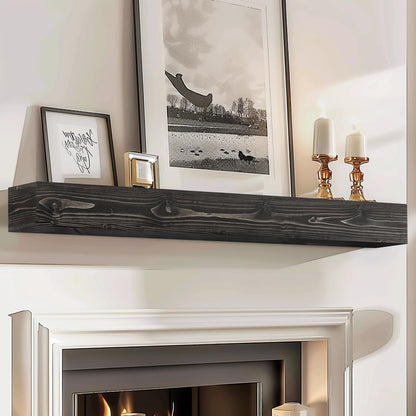 60x8x5 Fireplace Mantel - Handcrafted Hollow Rustic Solid Wood Wall Mounted Floating Shelf with Invisible Heavy Duty Wood Bracket (Weathered Black)