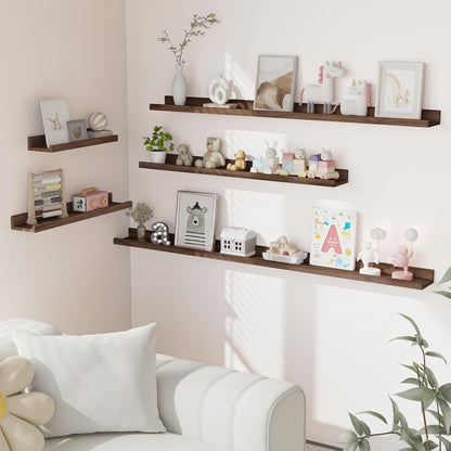 Heimlove Picture Ledge Shelf, Small Floating Shelves Set of 2, 16 Inches Picture Shelf for Wall with Ledge, Kids Bookshelf Wall Mounted for Living Room Bedroom Decor Books Photo Frames, Walnut