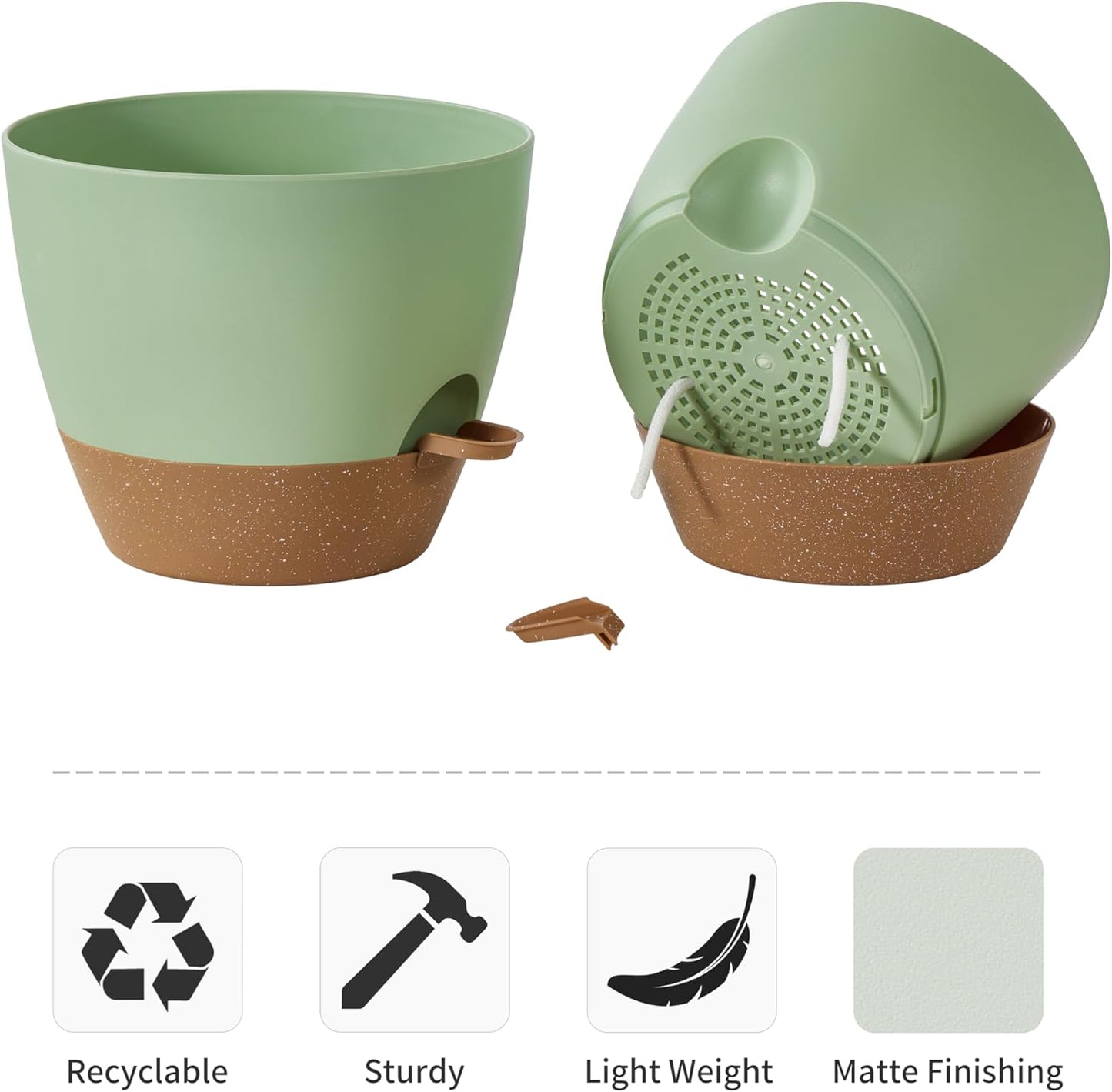 FaithLand 3-Pack Planter Pots, 10 9 8 Inch Self Watering Flower Pots for Indoor Outdoor Garden Plants, Green with Brown