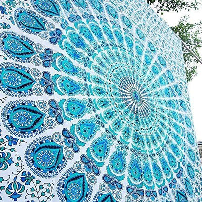 Bless International Handmade Indian hippie Bohemian Psychedelic Peacock Mandala Wall hanging College Dorm Beach Throws Table Cloth Bedding Tapestry (Peacock Sky Blue, Twin(54x72Inches)(140x185cms))