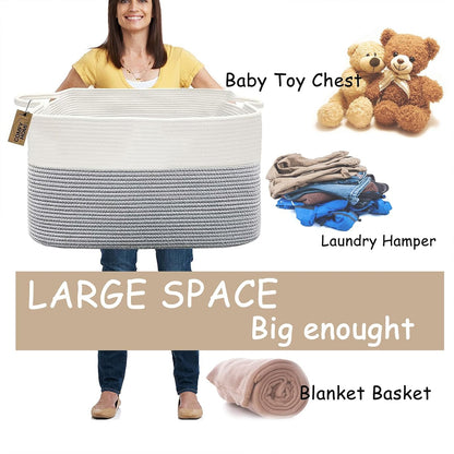 COMFY-HOMI Large Rectangle Laundry Storage Basket | Cotton Rope Woven, Organizing with Handle | Dirty Cloth & Baby Shower Basket | 22x15x12' - White/Grey