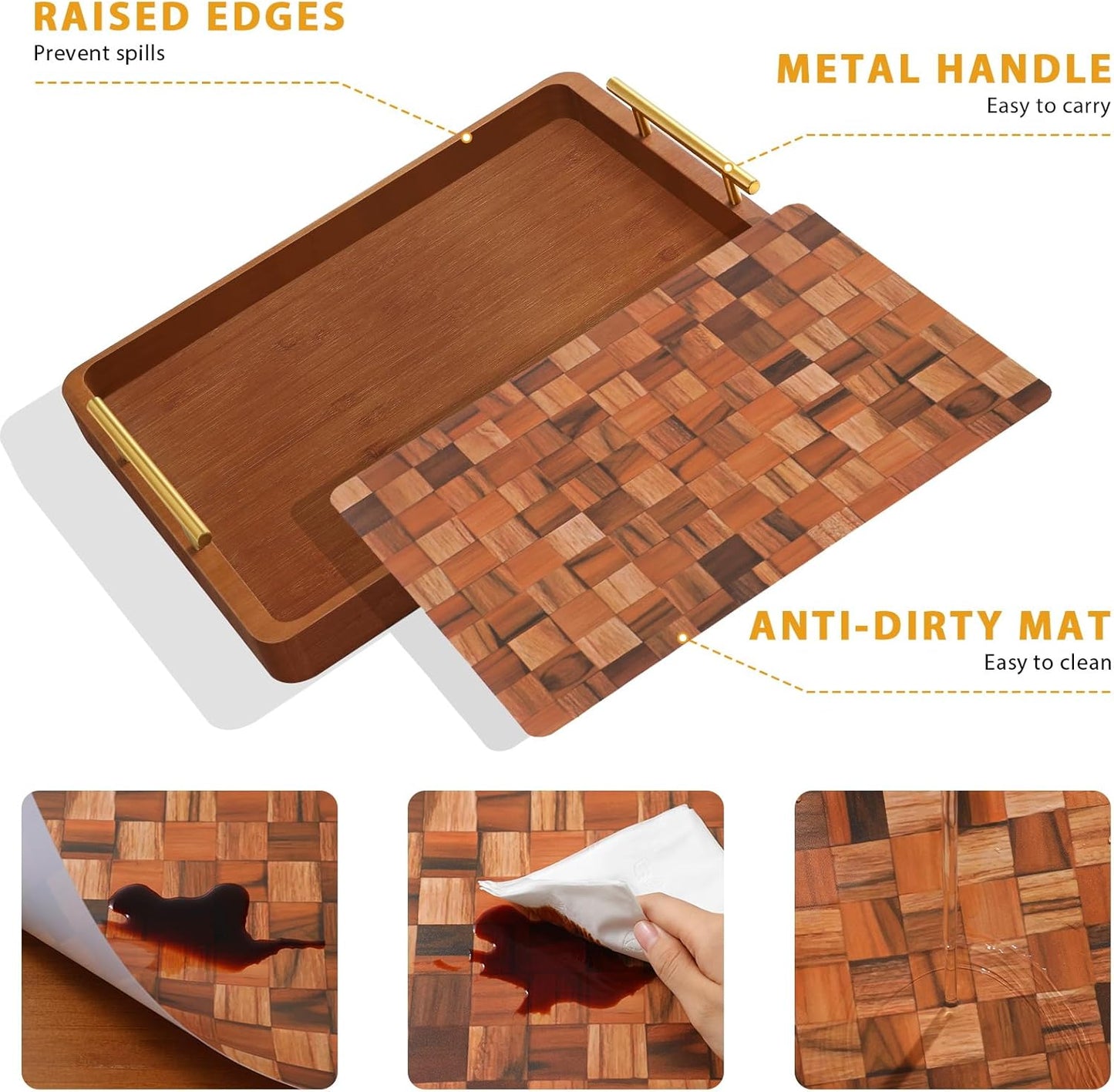 Wooden Serving Tray with Handles Mat, Decorative Coffee Table Trays, Wood Ottoman Tray for Serving Food Drink Breakfast Dinner,1 Pcs