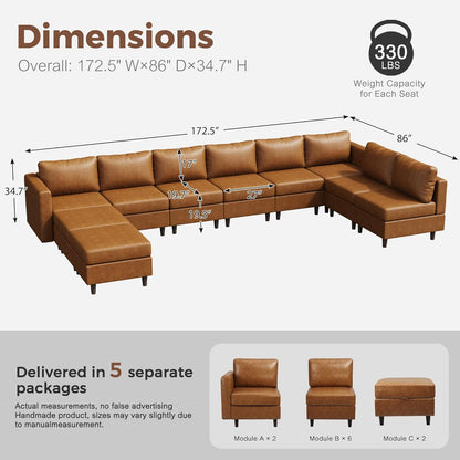 Oversized 172.5" Faux Leather Modular Sectional Sofa, Modern Large 11 Seater U Shaped Couch with Storage Seat with Reversible Chaise Deep Seat for Living Room DIY Combination - Brown