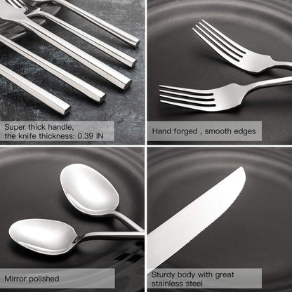 Hand Forged Stainless Steel Flatware Set Silverware Set Cutlery Set Hexagon Handle 5 Pieces Service for 1