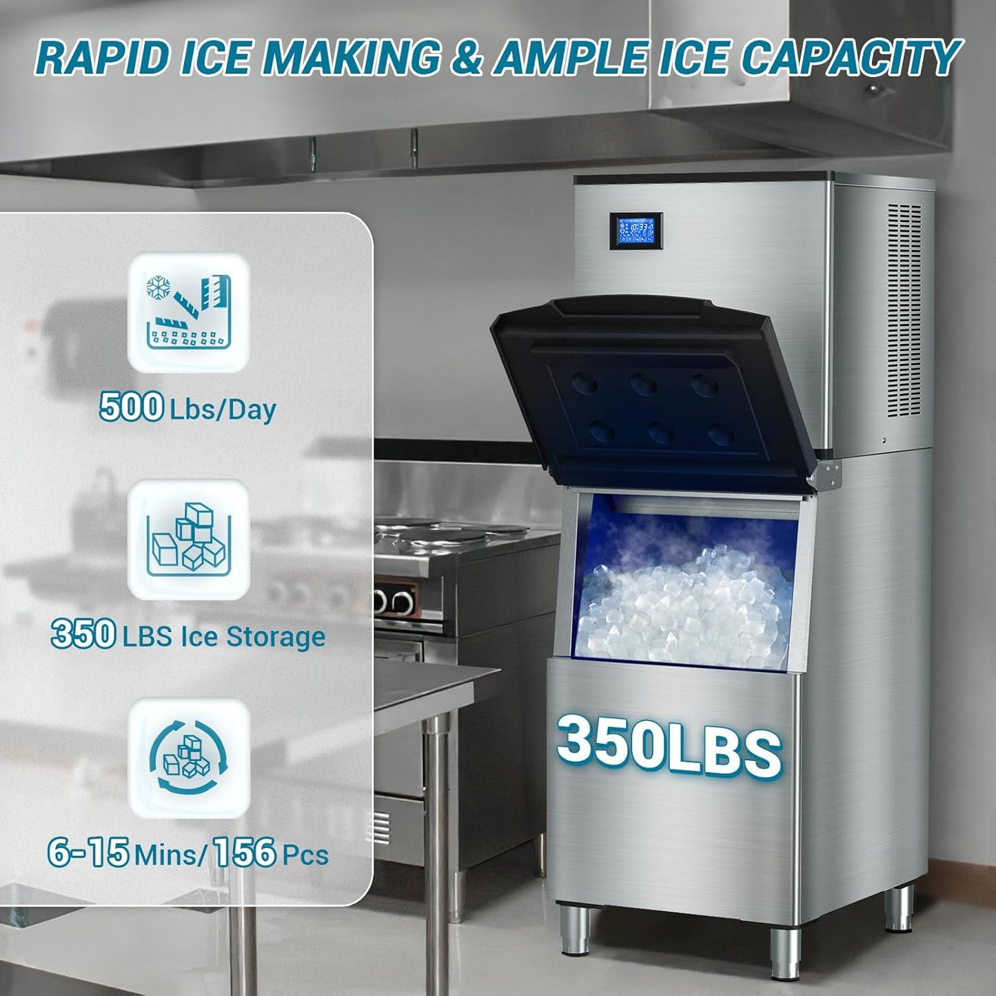 Large Commercial Ice Maker Machine: 500lbs/24H Production, with 350lbs Ice Storage Bucket, 156 Ice Cubes in 6-15 Mins - Stainless Steel Industrial Ice Maker for Restaurant, Bar, Cafe, Commercial Use