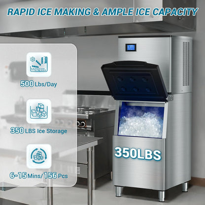 Large Commercial Ice Maker Machine: 500lbs/24H Production, with 350lbs Ice Storage Bucket, 156 Ice Cubes in 6-15 Mins - Stainless Steel Industrial Ice Maker for Restaurant, Bar, Cafe, Commercial Use