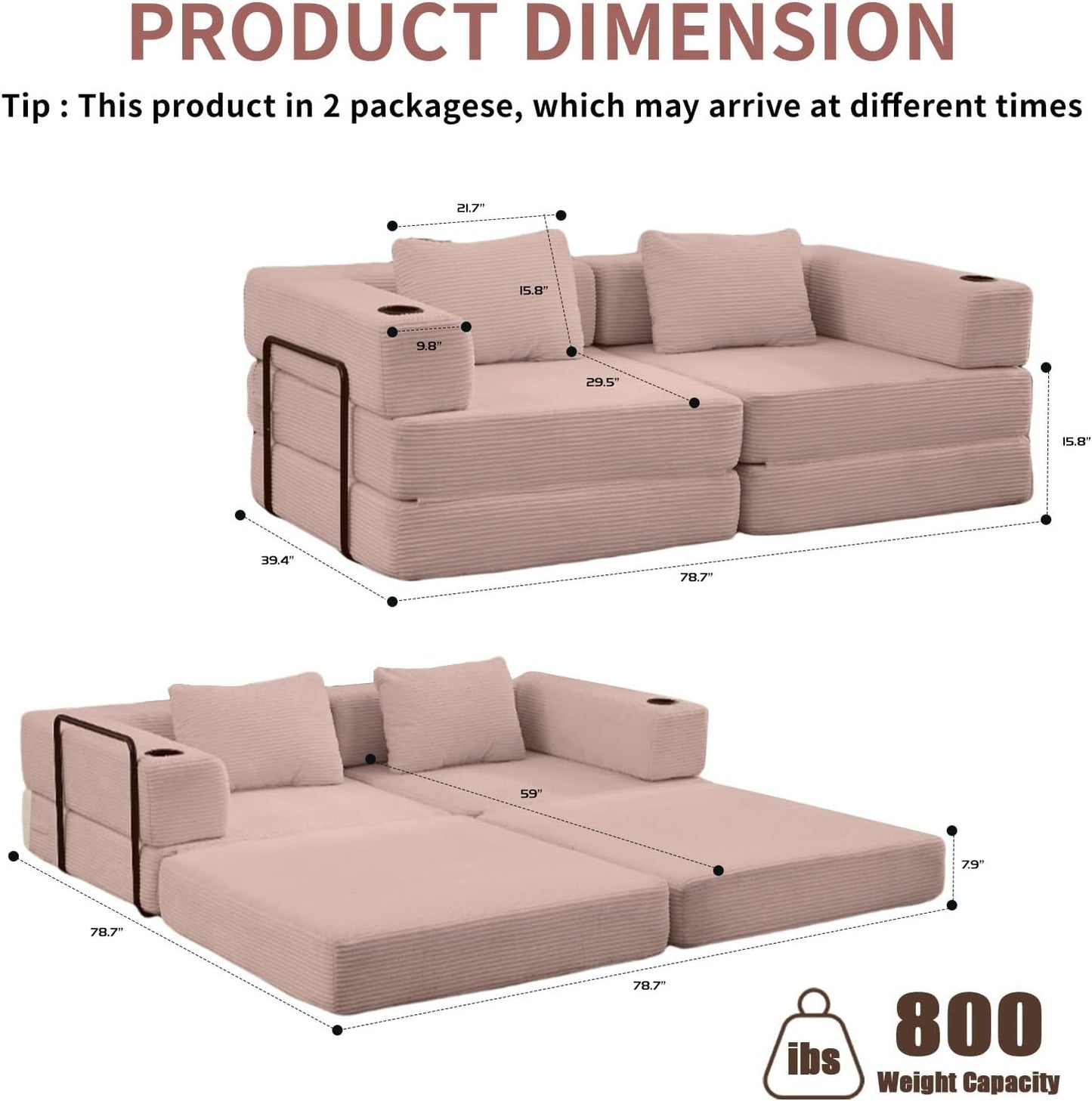 78" W Loveseat Sofa, 4 in 1 Convertible Floor Sofa Bed, Boneless Cloud Couch with Cup Holder, Fold Out Floor Couch, Loveseat Recliner Sleeper for Living Room Bedroom Lounge(Corduroy, White)