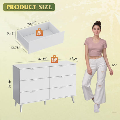 WLIVE 6 Drawer Dresser for Bedroom, 47.24'' Wide Wood White Dresser, Storage Organizer with Sturdy Metal Handle, TV Stand for 55 inch TV, Chest of Drawers for Living Room, Hallway, Closet