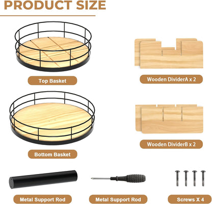 Snack Organizer - Versatile Snack Storage 2 Tier Lazy Susan with Convenient Grab-and-Go Design, Wood and Metal Snack Holder for Home, Office, Breakroom, 12.13" L x 12.13" W x 12.56" H