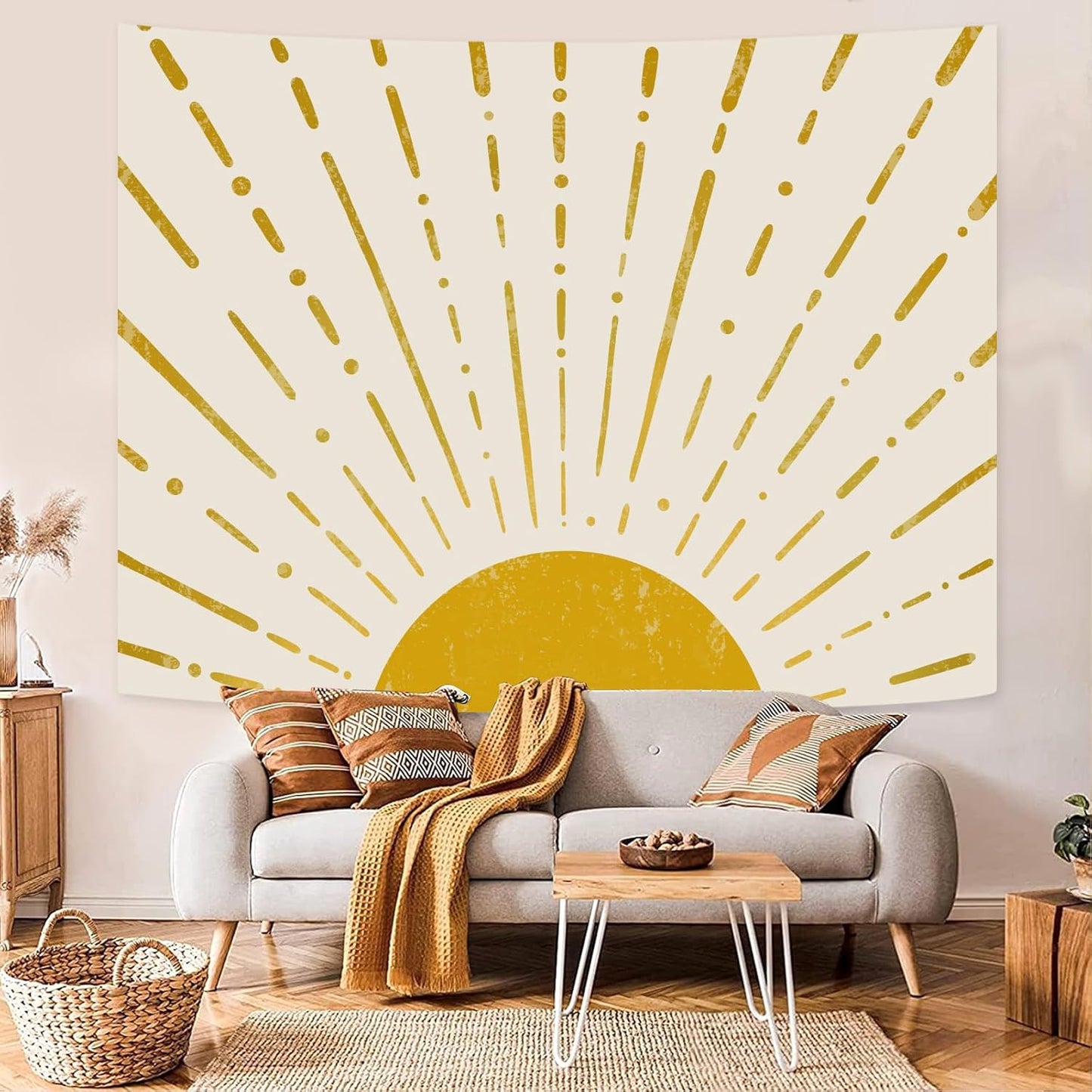 Kanuyee Gold Boho Burning Sun Tapestry Wall Hanging, Retro 70s Abstract Vintage Geometric Line Sunrise Tapestries for Bedroom Living Room Backdrop 36×48 inch