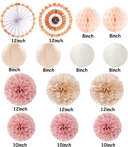 Pink Champagne-Beige Rose-Gold Boho Party-Decorations - 14Pcs Women Girls Birthday Streamers Lanterns Honeycomb Fan,Tissue Pom Poms,Fall Baby Bridal Shower Wedding Backdrop Classroom Decor Ouruola