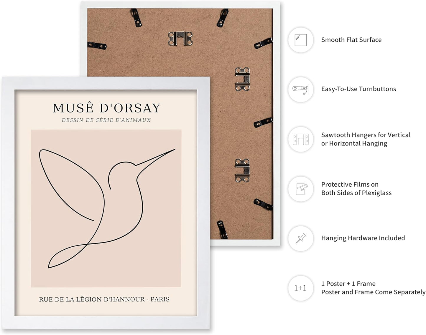 Poster Master Vintage Poster - Retro One Line Hummingbird Drawing Print - Bird Line Art - Minimal Gift for Him, Her, Animal Lover - Abstract Decor for Home, Office, 11x14 White Framed