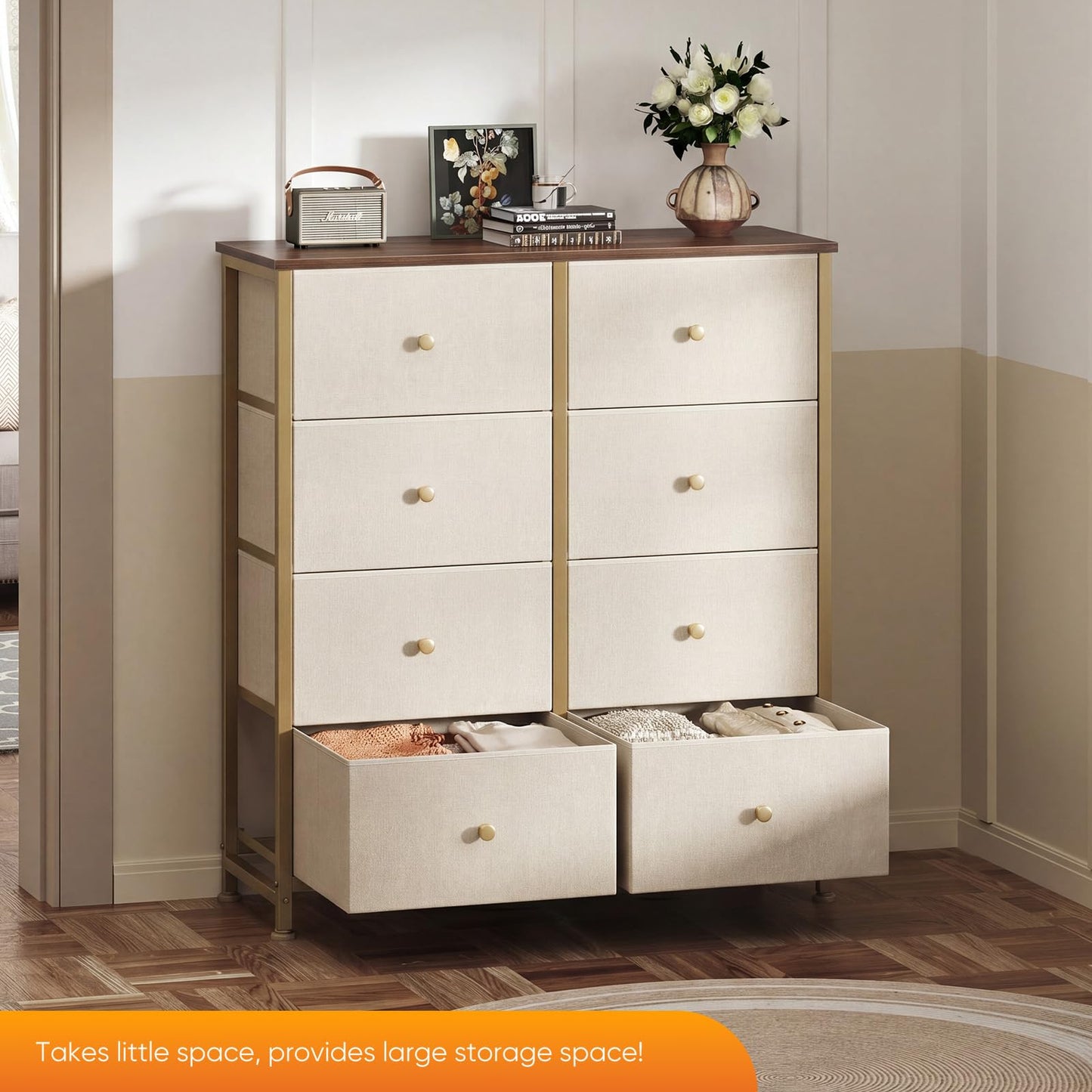 Sweetcrispy 8 Drawer Fabric Dresser, Tall Storage Tower for Bedroom, Khaki