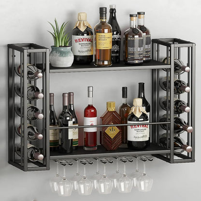 Wall Mounted Wine Rack, Wine Rack Wall Mounted with Wine Glass Rack, 2-Tier Multi-Functional Shelf for Home Restaurant Bar Storage Rack,Black
