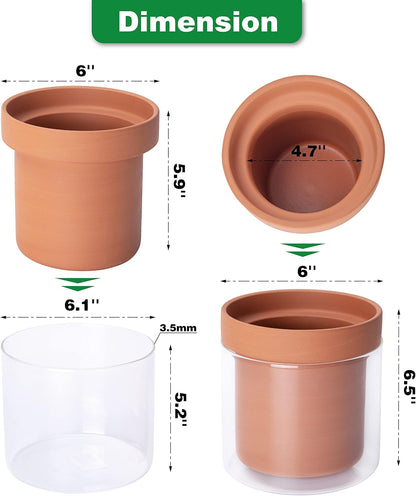 Phoenix Vine 6 Inch Self Watering Planter Pot, Terracotta Clay Pot with Glass Reservoir for Indoor Plants, Herbs, Flowers, Set of 2, 52-A-F-2