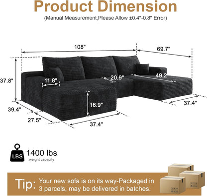 108" Sectional Couches for Living Room Modern Modular Sofa with L-Shape Couchs Upholstered Boneless Couch Deep Seat Sectional Couch with Chaise (Black, Right Facing Chaise+2Seaters+1Ottoman)