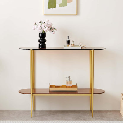Oval Glass Console Table for Living Room, Foyer & Entrance, 2-Tiers Mid-Century Modern Sofa Table with Amber Glass Top, Walnut Finish Wood Top and Gold Finish Metal Frame
