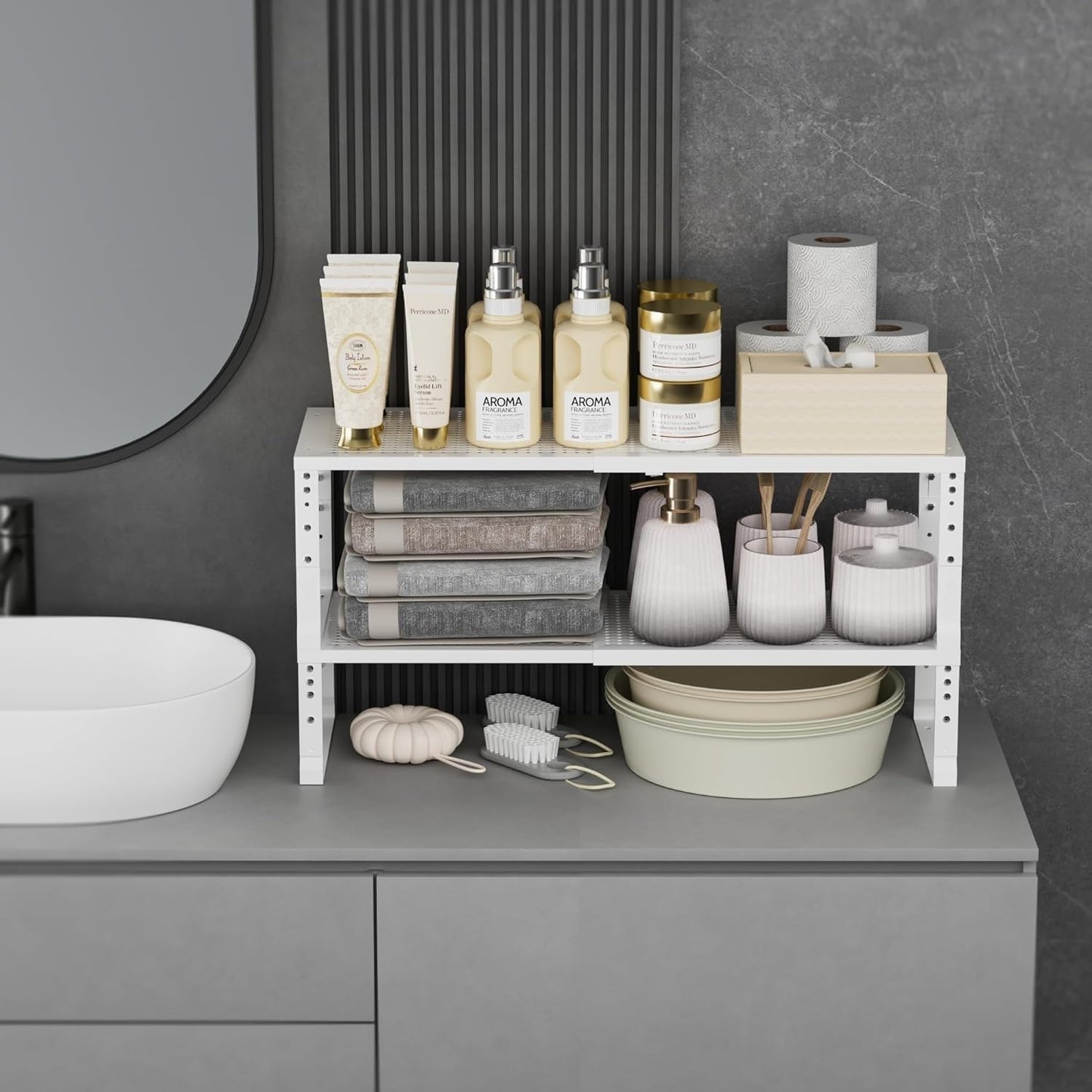 Expandable Spice Rack Kitchen Cabinet Shelf Organizer, Stackable Storage Shelves Racks, Adjustable Counter Shelving for Cabinets, Countertop, Cupboard,Pantry and More(1Pack/White/Large)