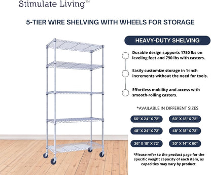 30"x14"x60" PRIME HEAVY DUTY Chrome 5-Tier Wire Shelving 1,750 LBS MAX Capacity Storage Rack for Commercial, School, Home, Garage, Warehouse, Industrial, and Hospital Uses (with Wheels)