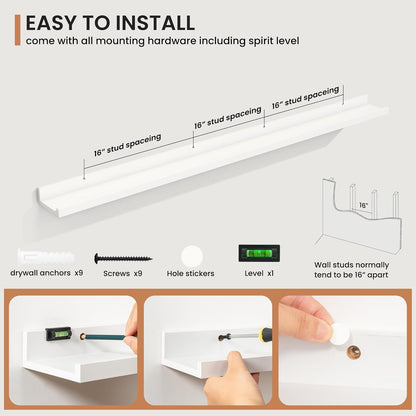 Fun Memories Picture Ledge Shelves Set of 2, 55 Inch Rustic Wall Mounted Floating Shelves with Lip for Home Storage and Décor in Bathroom, Kitchen, Nursery, Bedroom, Living Room, White