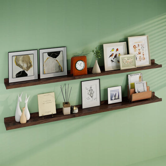 Floating Picture Ledge Shelves 72 Inch Solid Oak Wood Set of 2, Rustic Wall Storage Shelves with Lip, Kids Bookshelf, Photo & Picture Ledge Shelves for Bedroom, Living Room, Kitchen