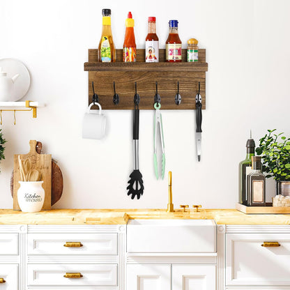 Shelf with Hooks, Coat Rack Wall Mount with 6 Double Metal Hooks, 17 Inch Farmhouse Wall Hooks with Shelf, for Entryway, Bathroom, Kitchen, Rustic Brown