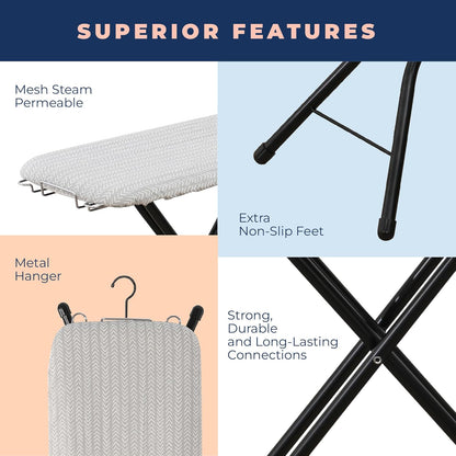 Ironing Board with Iron Rest, Iron Board with 3 Layers Extra Thick Cover, Compact and Space Saver Foldable Ironing Board, Adjustable Height, Easy Storage with Smart Hanger and Lightweight Design