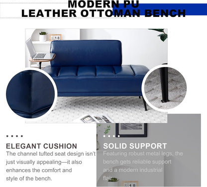 Sofa,Bed Bench,Small Spaces Furniture,Polyurethane Leather,Wood Frame,High Density Sponge Infillings,360-Degree Swivel Tray,Black Metal Leg (Blue)