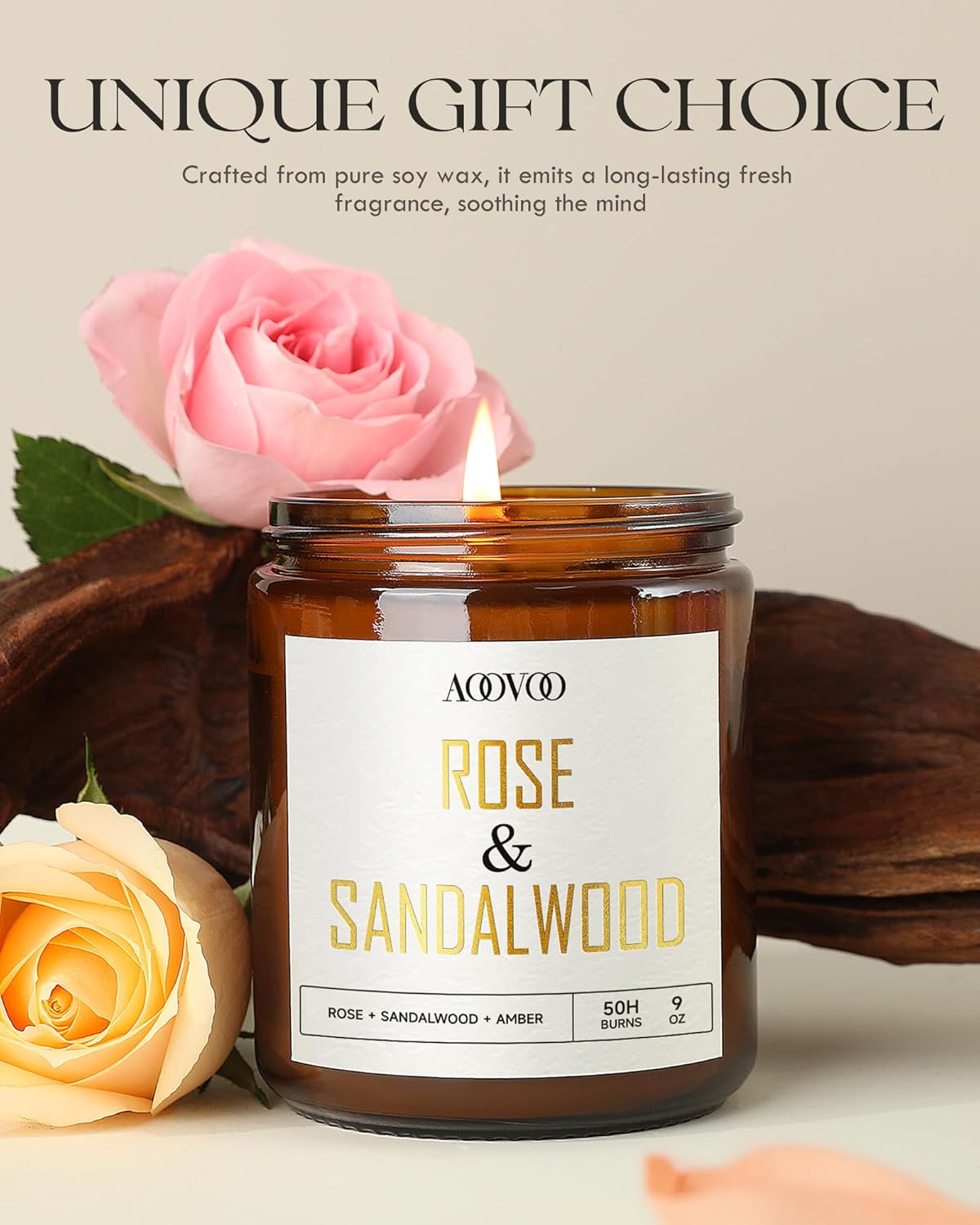 AOOVOO Rose Sandalwood Candles - 9 oz Scented Candles, Aromatherapy Candle, Soy Candle for Home Scented