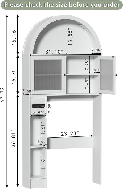 Over The Toilet Storage Cabinet, 31''W Arched Space-Saving Bathroom Organizer with Adjustable Shelf and Acrylic Doors, Freestanding Over Toilet Cabinet for Bathroom, Laundry, Restroom (White)
