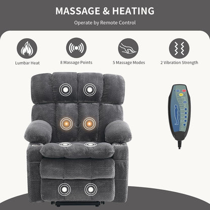 Dual Motor Power Lift Recliner Chair for Elderly,Electric Lift Chair with Adjustable Headrest, Heat and Massage,Lay Flat Recliner with Cup Holders,USB Ports,Type C,Zero Gravity, Grey
