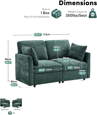 Tbfit 59" Loveseat Sofa, Chenille Small Sofa Couch, Love Seat with 2 Pillows for Small Space, Bedroom & Living Room, Green
